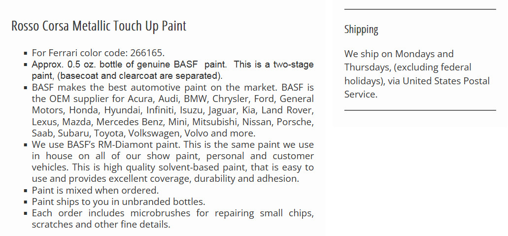 BASF Touch Up Paint Bottle for Ferrari Rosso Corsa Metallic *266165*