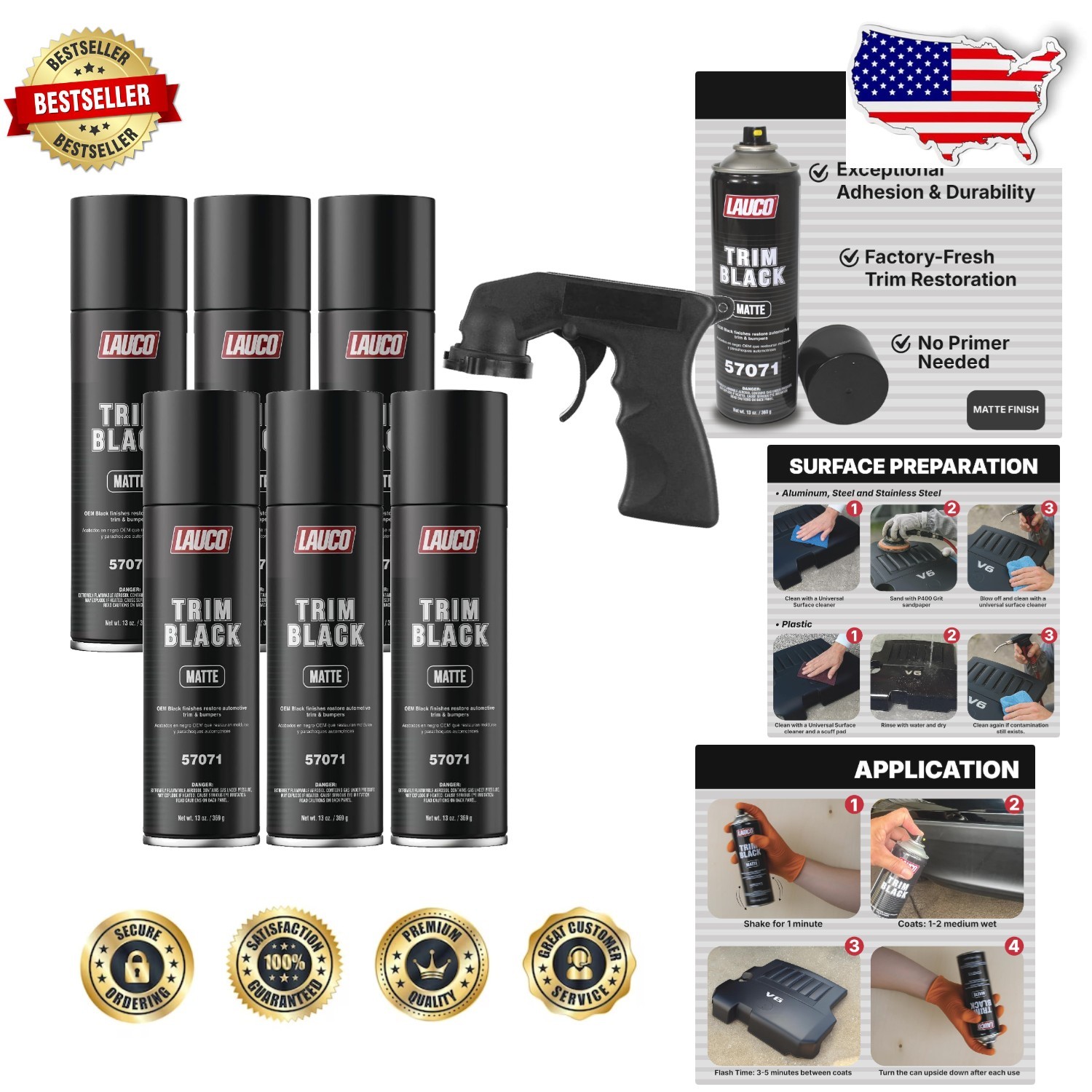 Automotive Trim Spray Paint 13oz 6pk – Black Matte, Fast Drying, Steel/Plastic