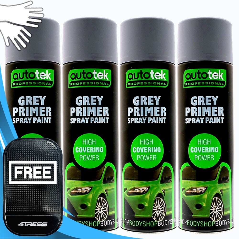AUTOTEK GREY PRIMER Spray Aerosol Professional Fast Drying Paint 4 x 500ml+Gl+M