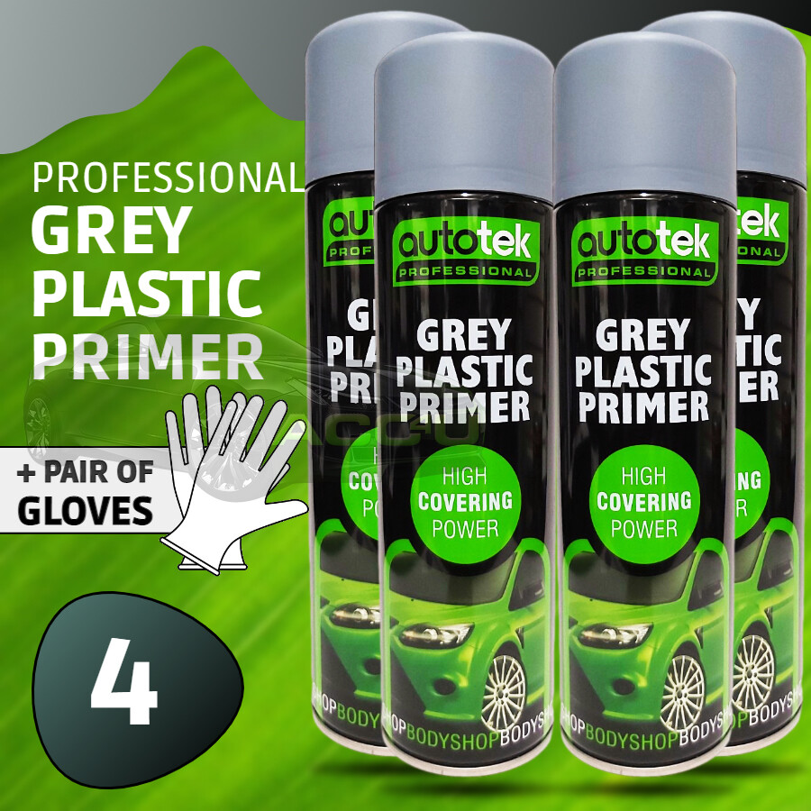 4 x Autotek GREY PLASTIC PRIMER Spray Paint Professional High Covering +G+CP