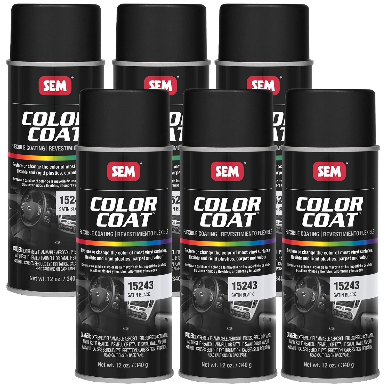 SEM Paint Carpet Plastic Vinyl Flat Satin Black Aerosol 12 oz. Ea 15243, 6 Pack