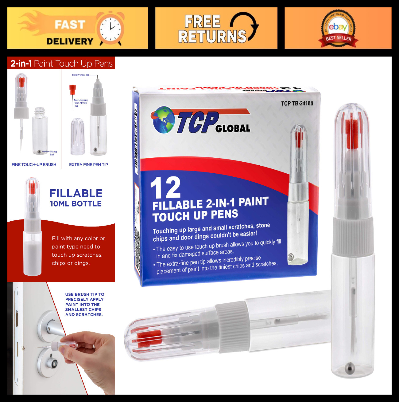 2-in-1 Paint Touch-Up Pens (12-Pack) – 10ml Fillable Applicator for Car Chips &