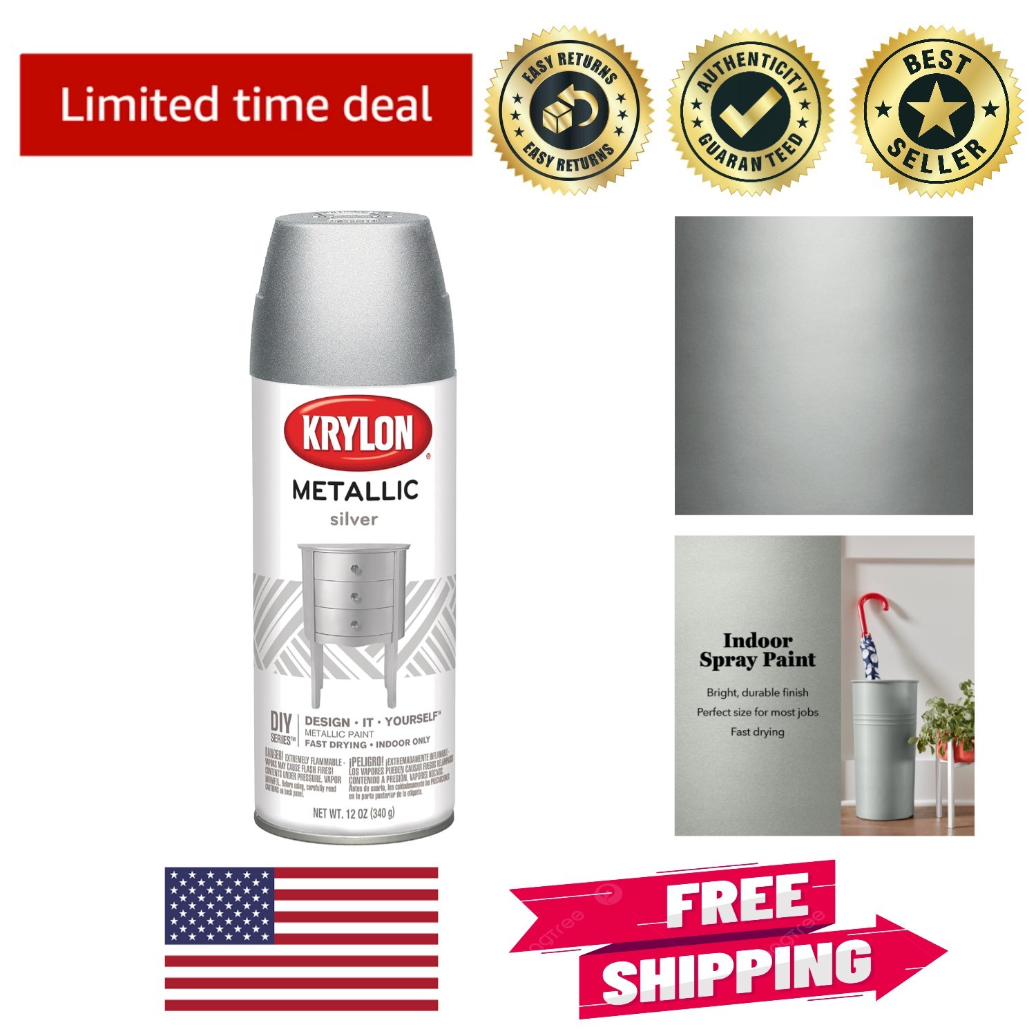 Brilliant 11oz Silver Metallic Aerosol Spray Paint – Fast Drying Gloss Finish