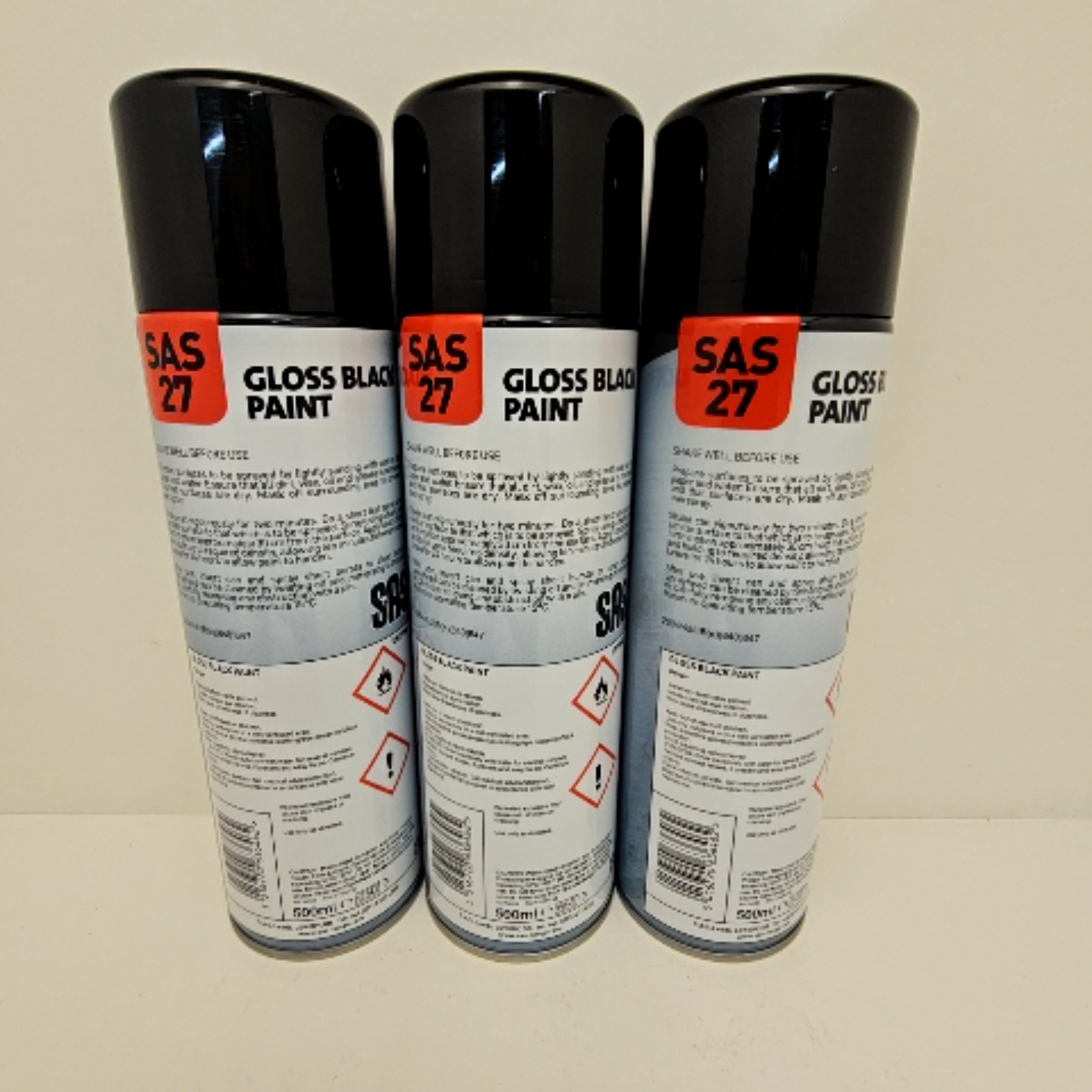 SAS 27 Black Gloss Spray Paint Tough Acrylic Formula 500ml Fast Dry lot of 3 M