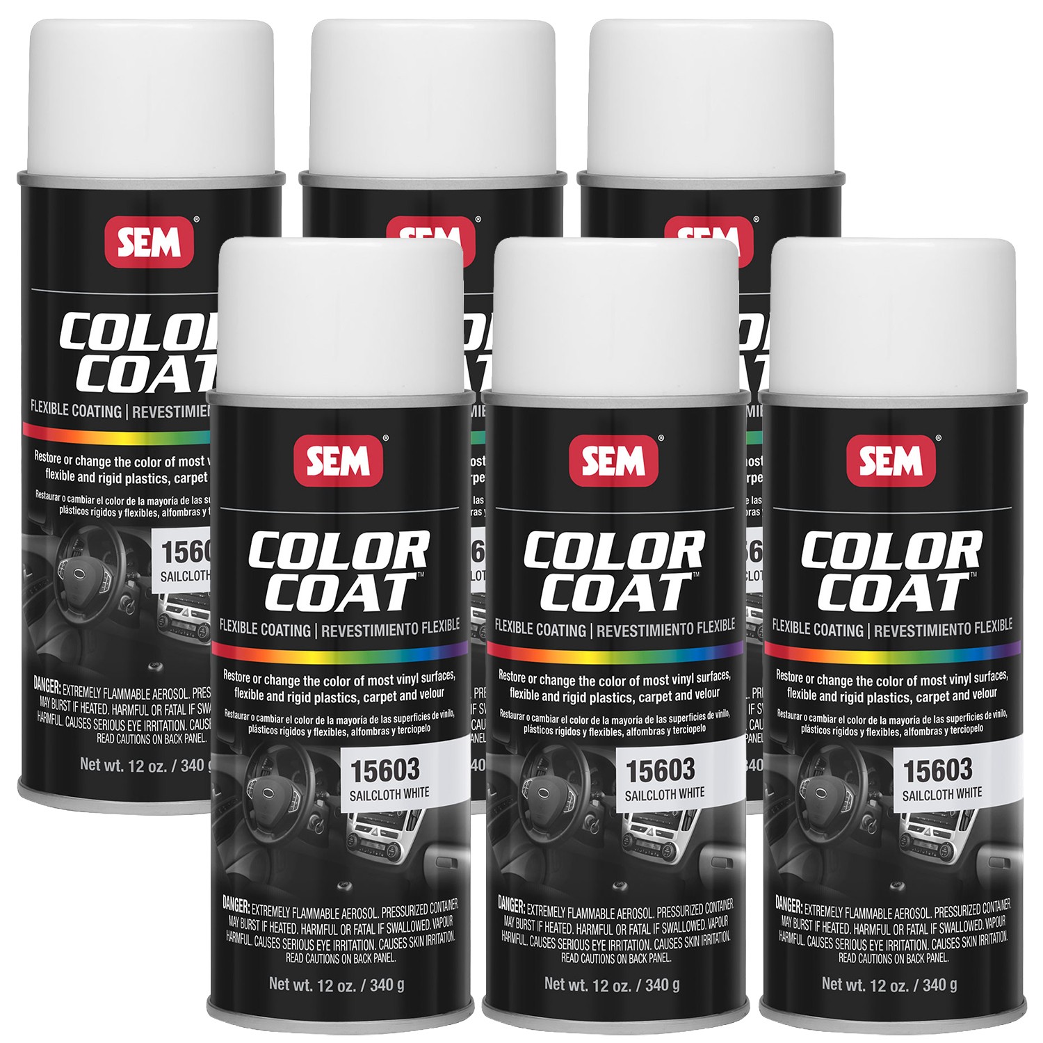 SEM Color Coat Sailcloth White Vinyl Spray Auto Paint 12 oz. SEM 15603, 6 Pack