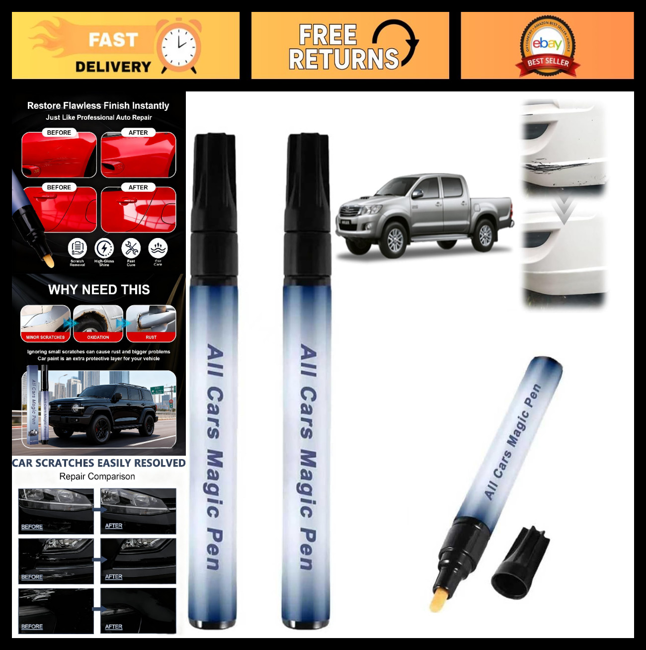 Car Scratch Remover Pen – Weatherproof Touch-Up Paint for Minor Scratches, 2Pcs