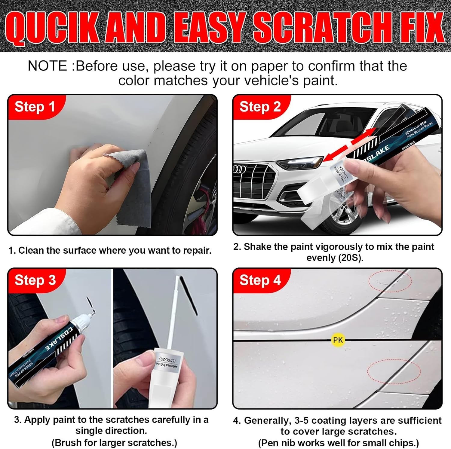 Durable Ibis White Touch Up Paint for Audi – Waterproof 2-in-1 Repair Kit, 12ML