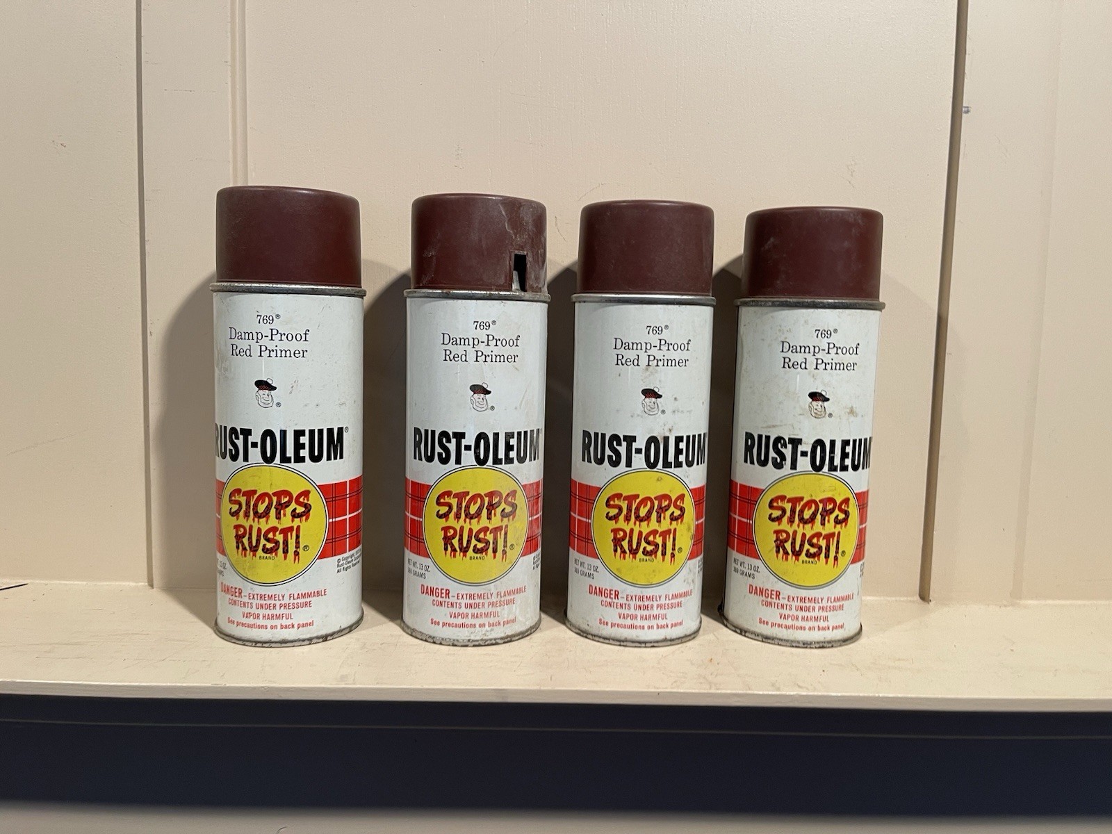 4 NOS Vintage Unused 1973 Rust-Oleum Spray Paint 13oz Cans Damp Proof Red Primer