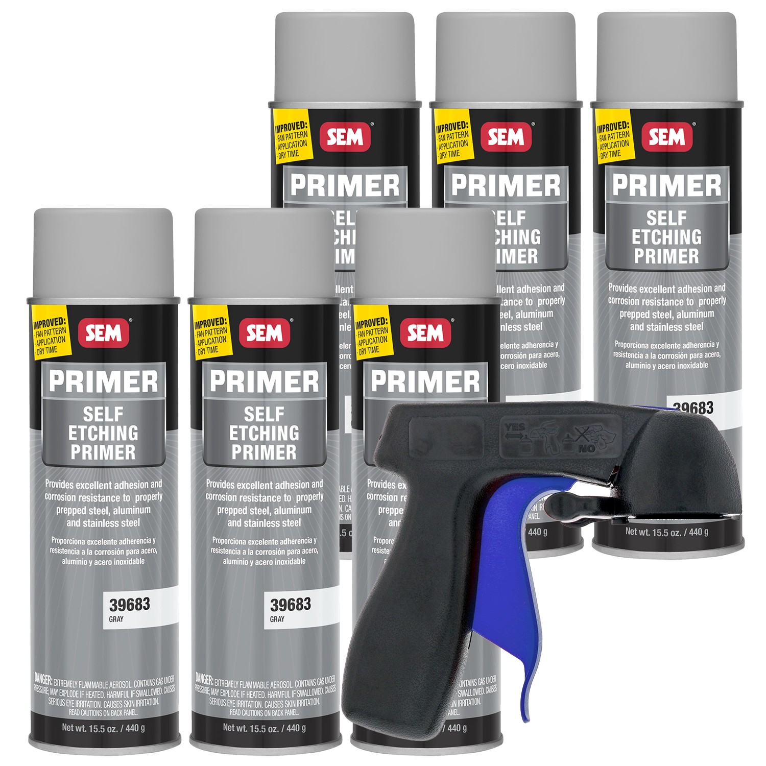 SEM 39683 Self Etching Primer Gray 15.5oz (6/Pack) with Spray Can Trigger Handle
