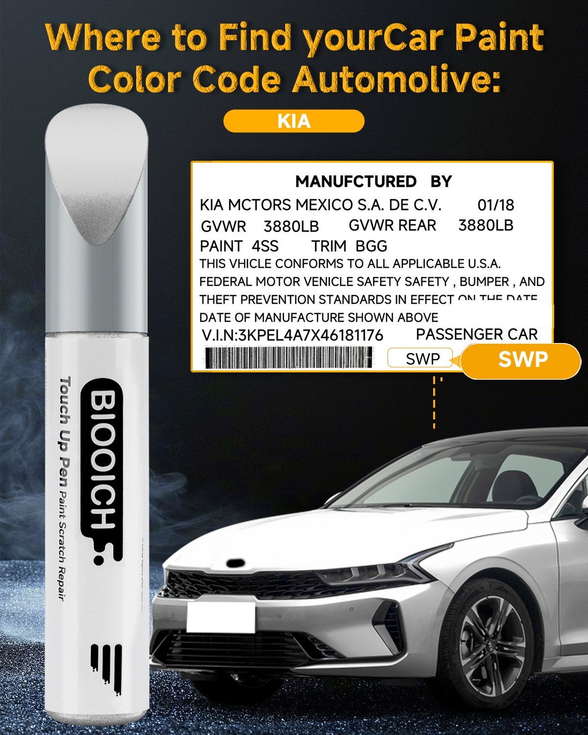 BIOOICH Touch Up Paint Pen for Kia Repair Car Chip and Scratch Exact Color Match