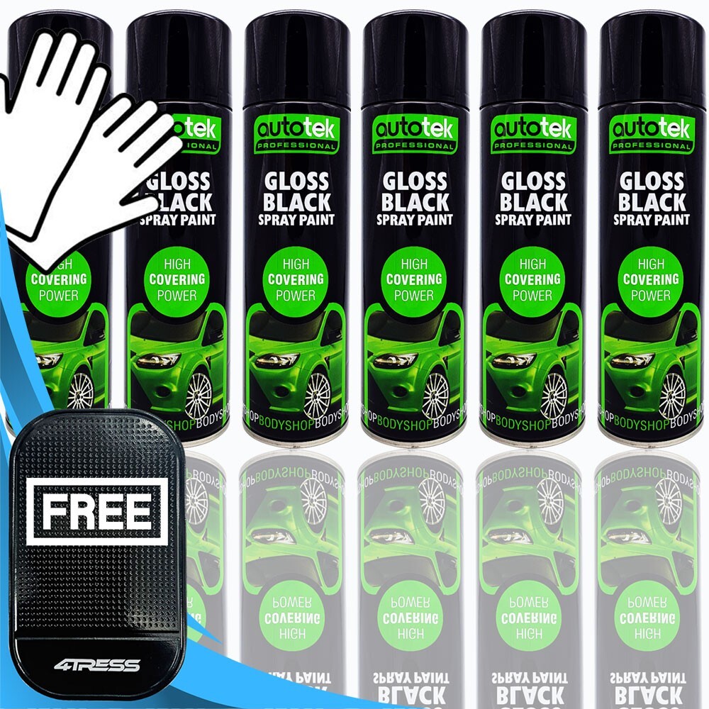 6 x 500ml AUTOTEK Professional Gloss Black Spray Paint Aerosol Can+Gloves+M