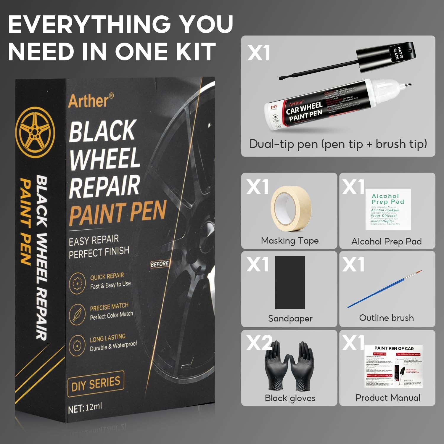 Matte Black Rim Repair Paint Pen – Scratch Resistant Enamel for Alloy Wheels, Cu