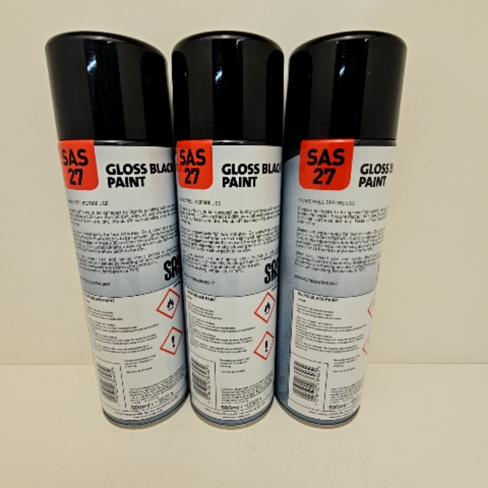 SAS 27 Black Gloss Spray Paint Tough Acrylic Formula 500ml Fast Dry lot of 3 M