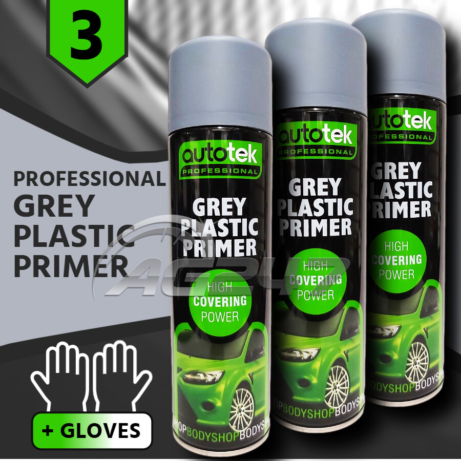 3x 500ml AUTOTEK Professional Fast Drying Grey Plastic Primer Spray Aerosol+G+M