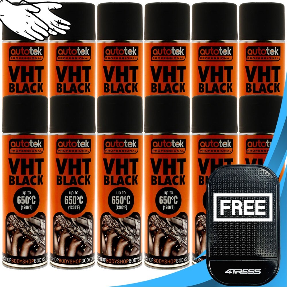 12x Autotek VHT High Temperature Aerosol Spray Paint Cans 500ml Black +GL+M