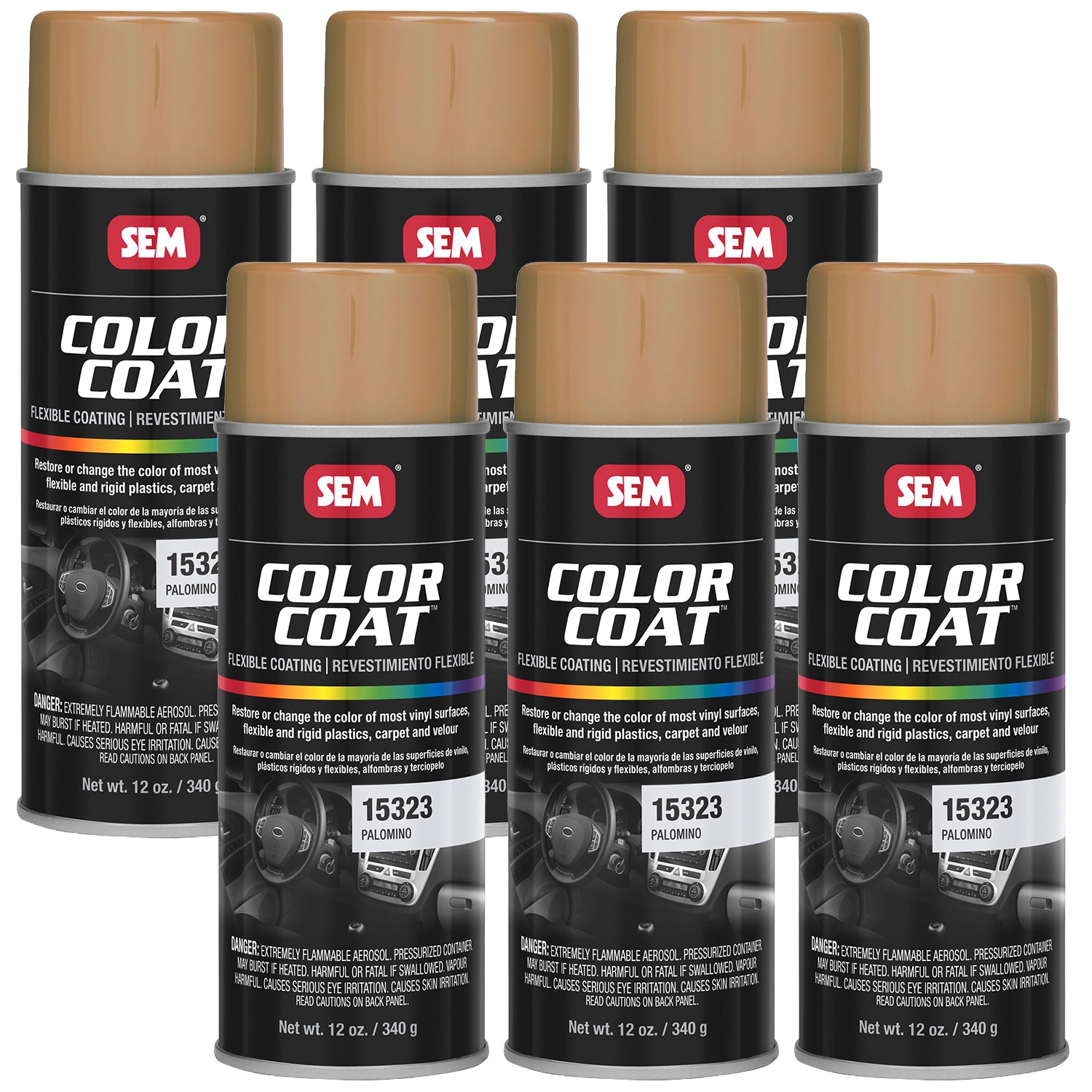 SEM Color Coat Palomino Flexible Vinyl Spray Auto Paint 12 oz. SEM 15323, 6 Pack