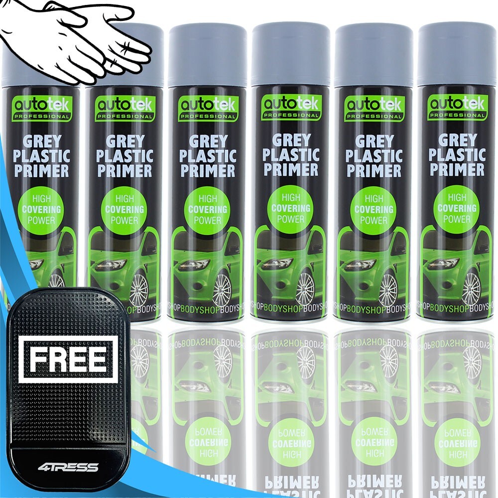 6x 500ml AUTOTEK Professional Fast Drying Grey Plastic Primer Spray Aerosol+G+M