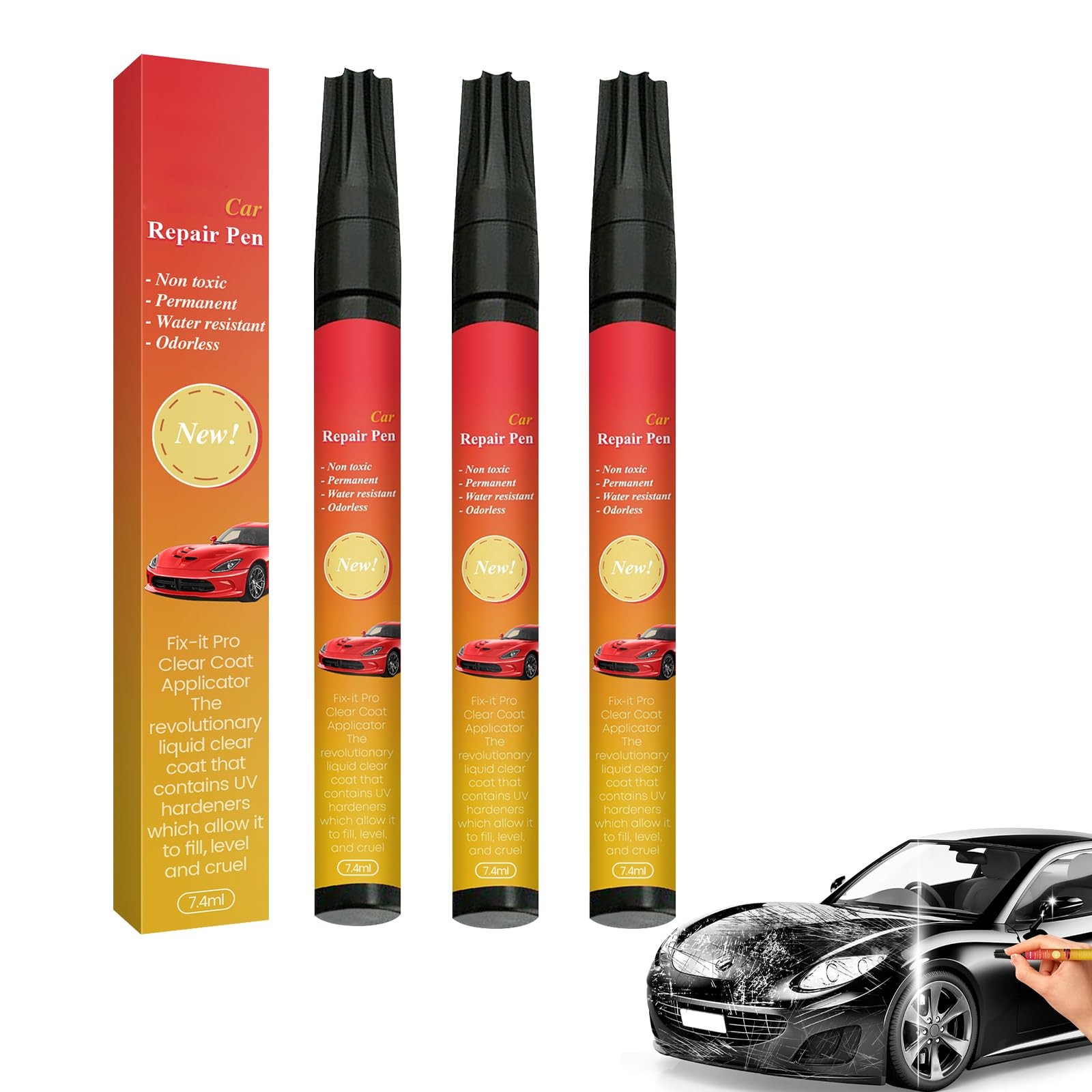 3PCS Car Scratch Repair Pen, Weatherproof Touch 0.33 Ounce (Pack of 3), black
