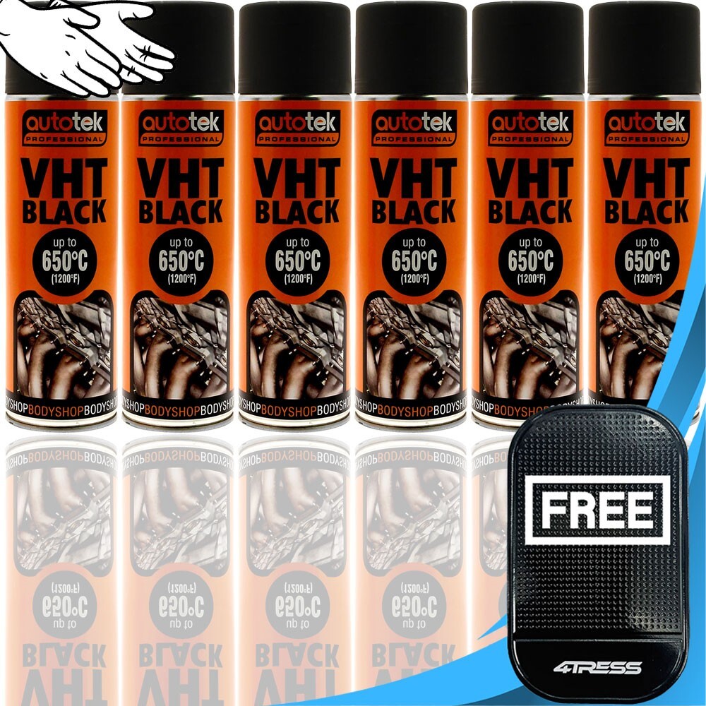 6x Autotek VHT High Temperature Aerosol Spray Paint Cans 500ml Black +GL+M