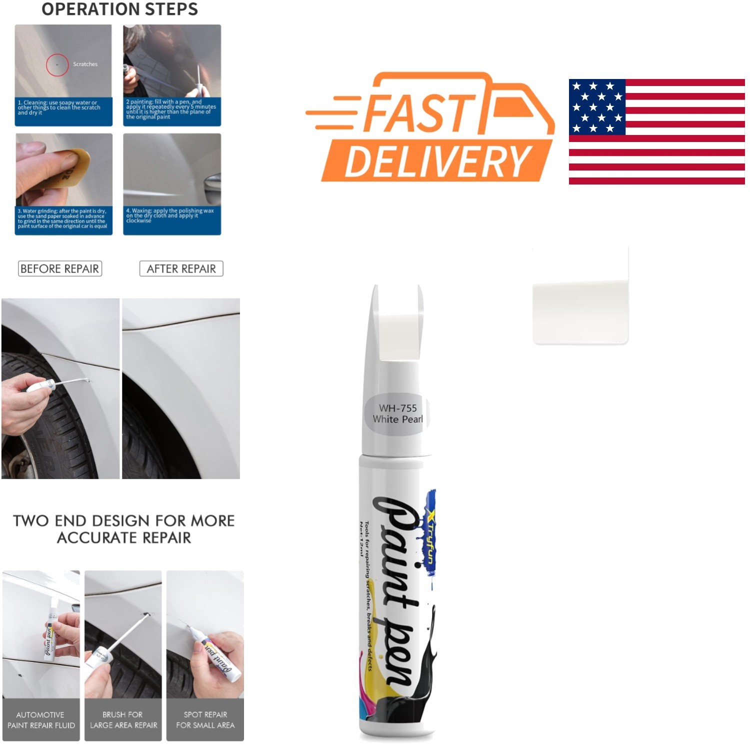 Touch Up Paint for Cars Waterproof Scratch Repair Pen White Pearl 1.69 Fl Oz