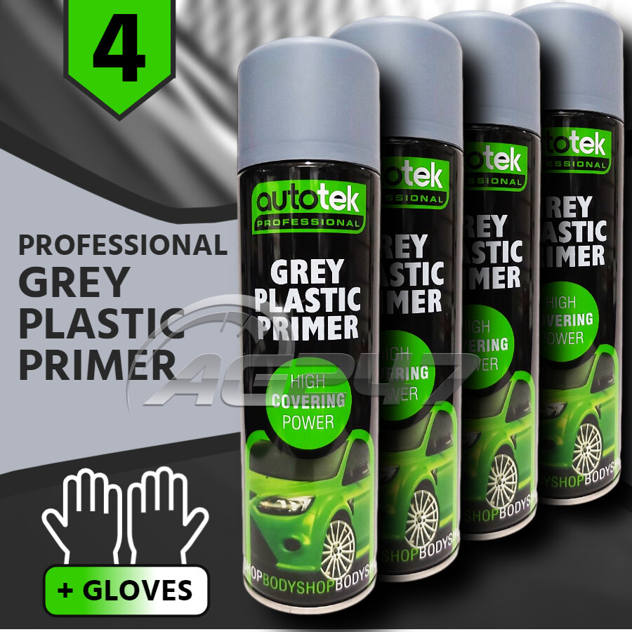 4x 500ml AUTOTEK Professional Fast Drying Grey Plastic Primer Spray Aerosol+G+M