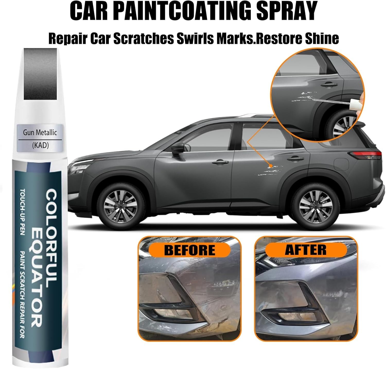 KAD Gun Metallic Touch Up Paint for Nissan, Car Paint Pen Scratch Repair Two-In-