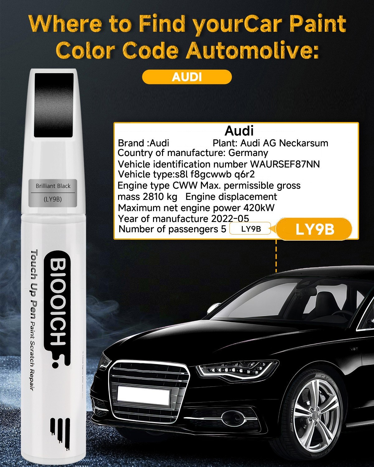 BIOOICH Touch Up Paint Pen for Audi Repair Car Chip and Scratch ExactColor Match