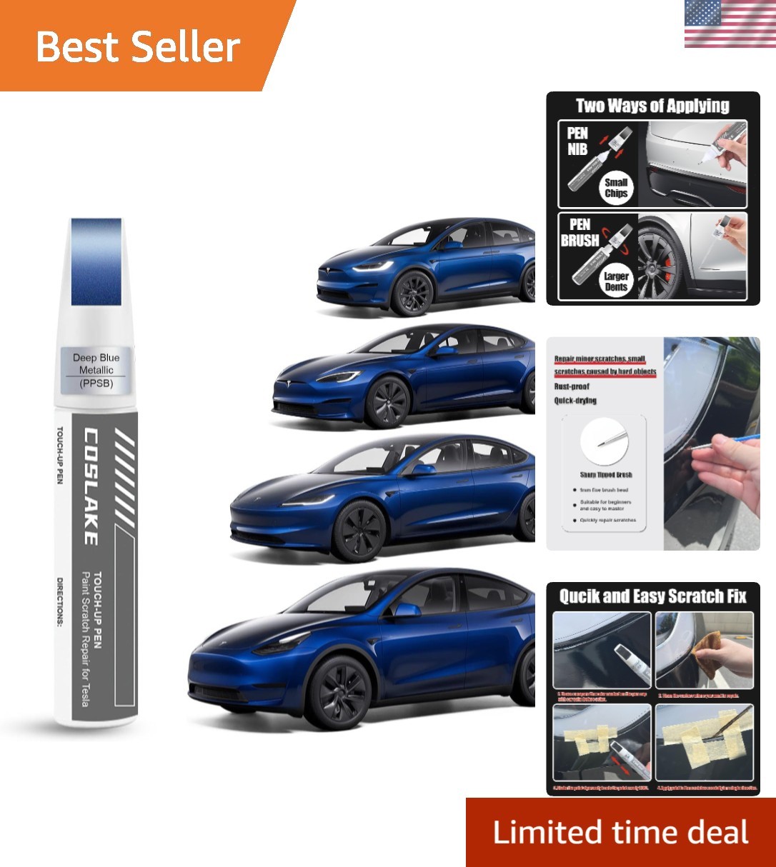 Car Touch Up Paint(Deep Blue Metallic(PPSB)) for Tesla Model Y/3/S/X, 2 in 1 DIY