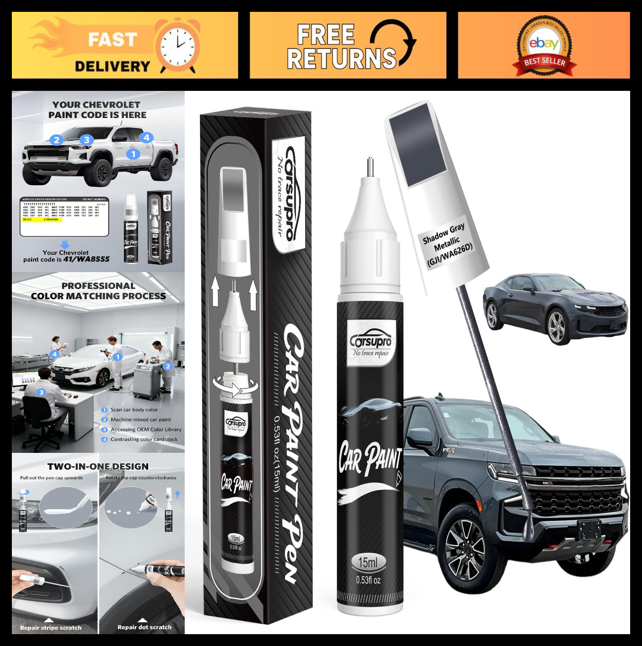 Shadow Gray Metallic Touch Up Paint Pen – 2-in-1 Scratch Remover, Color Match, E