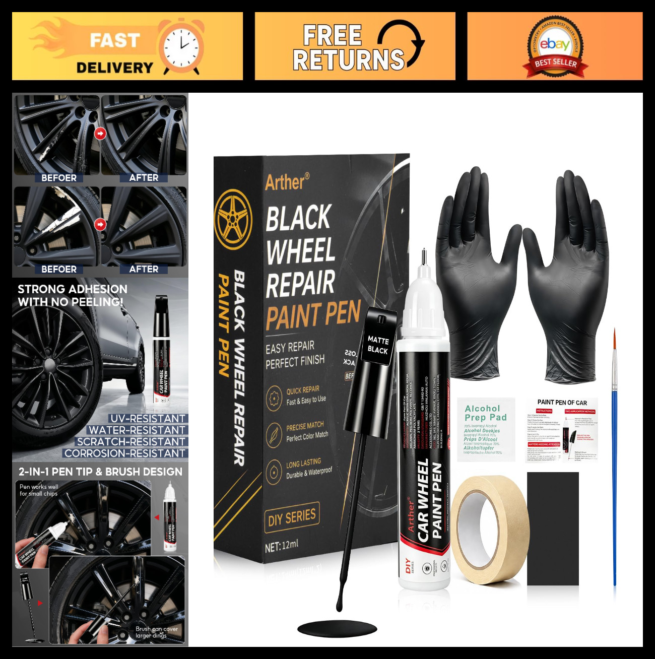 Matte Black Rim Repair Paint Pen – Scratch Resistant Enamel for Alloy Wheels, Cu