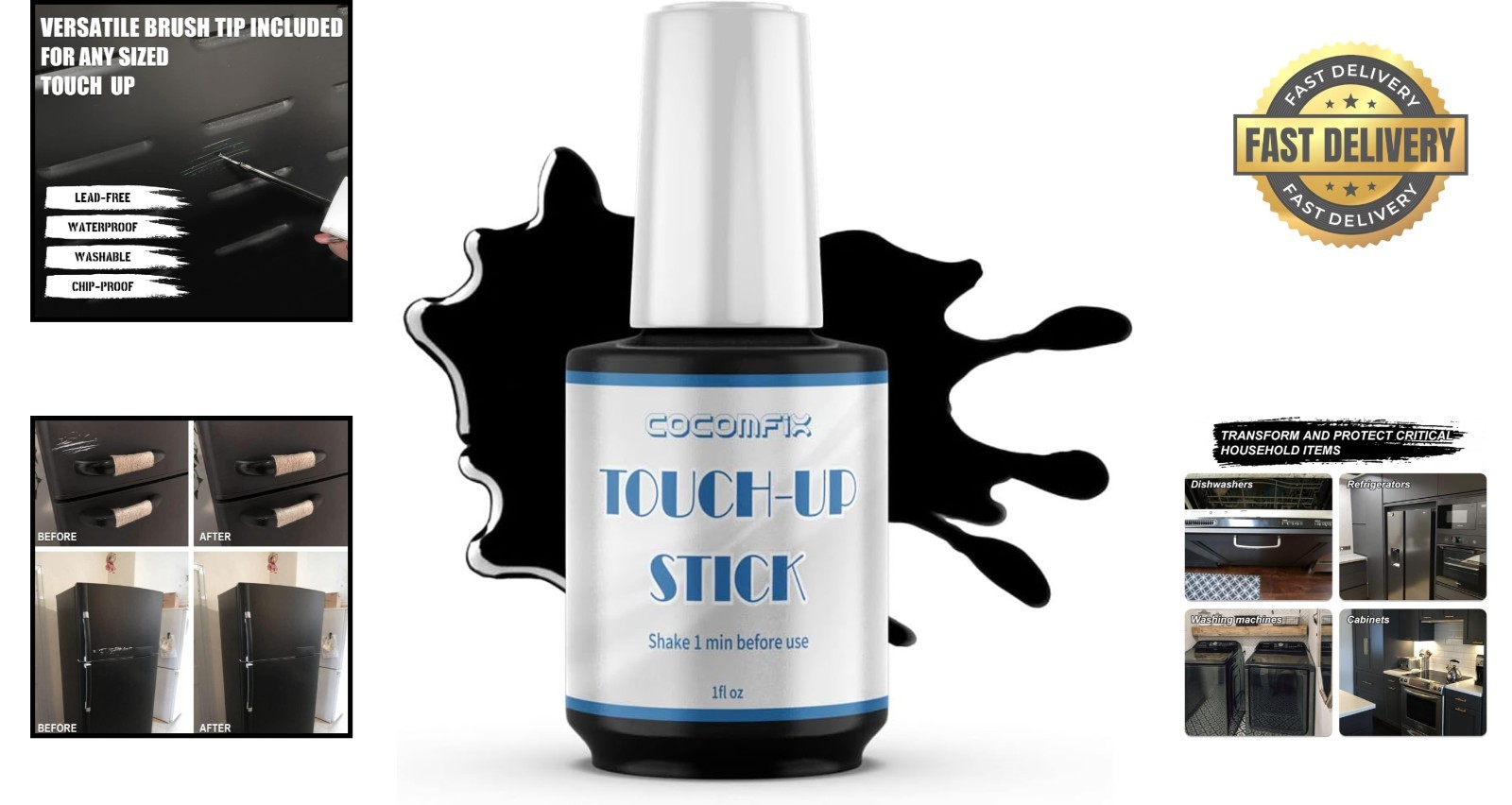Black Touch Up Paint for Appliances – Enamel Formula, 1 Fl Oz, Quick-Drying