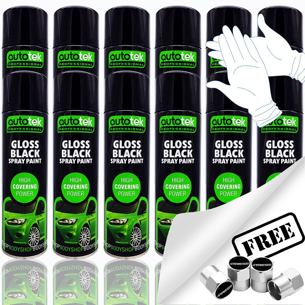 12 x Autotek GLOSS BLACK Spray Paint Professional High Covering Power Cans +G+CP