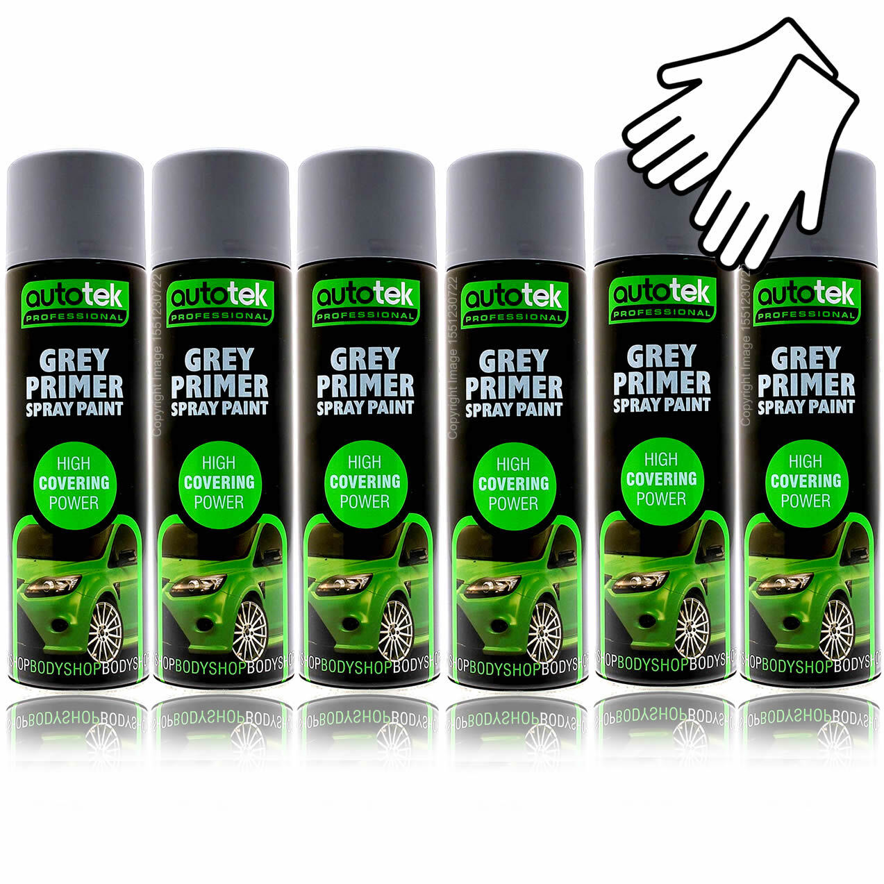 AUTOTEK GREY PRIMER Spray Aerosol Professional Fast Drying Paint 6 x 500ml+Gl+M