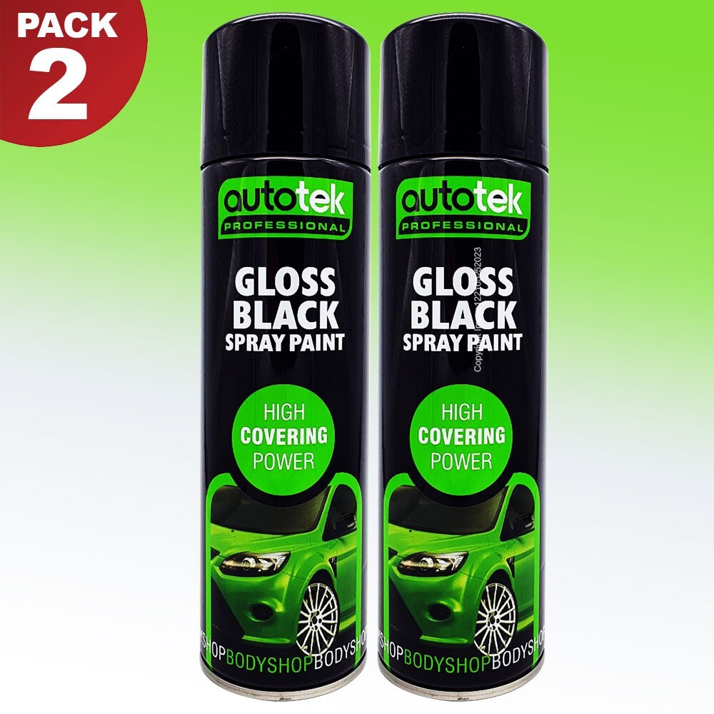 2 x 500ml AUTOTEK Professional Gloss Black Spray Paint Aerosol Can+Gloves+M
