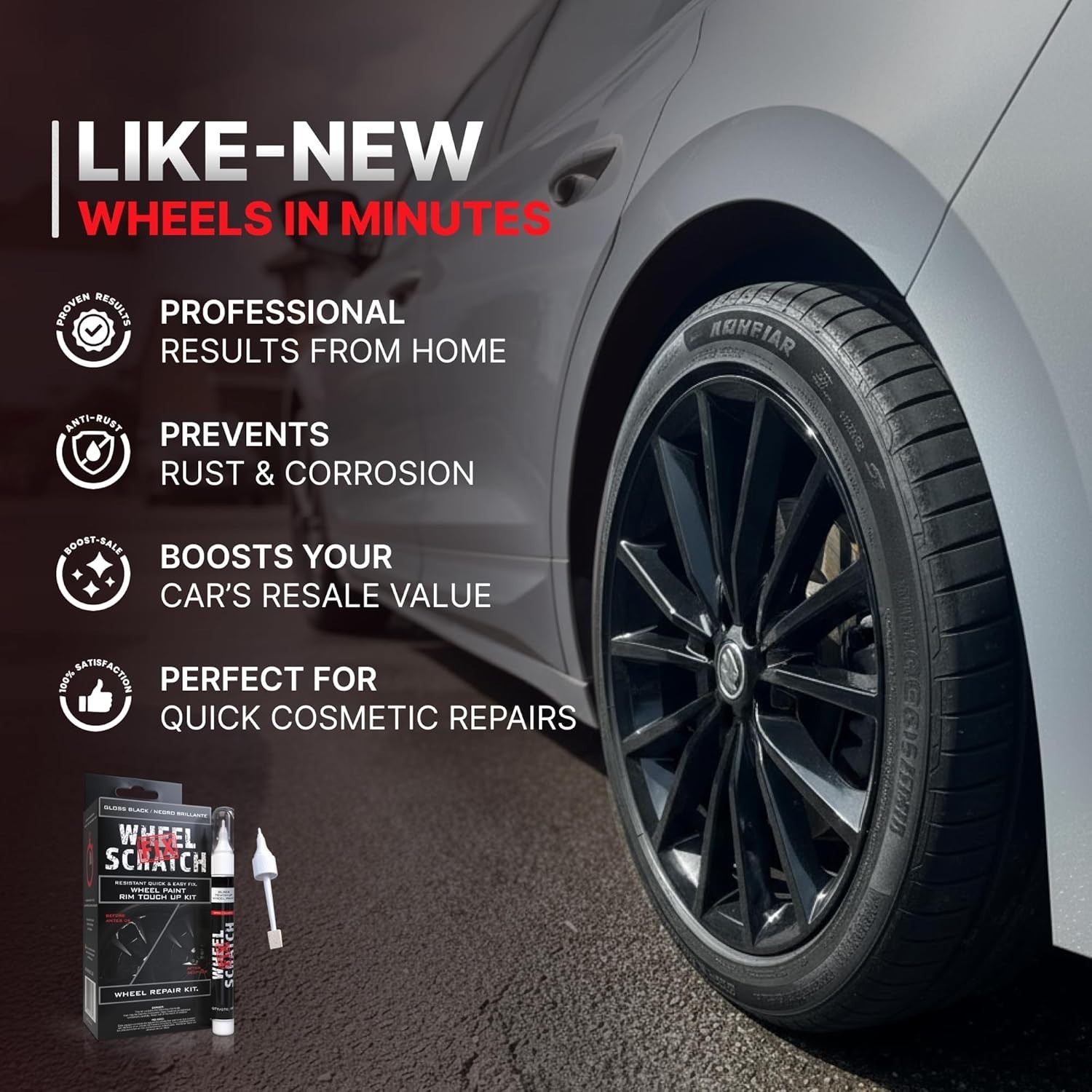 UV Resistant Gloss Black Paint for Wheels, Easy Application Repair Kit