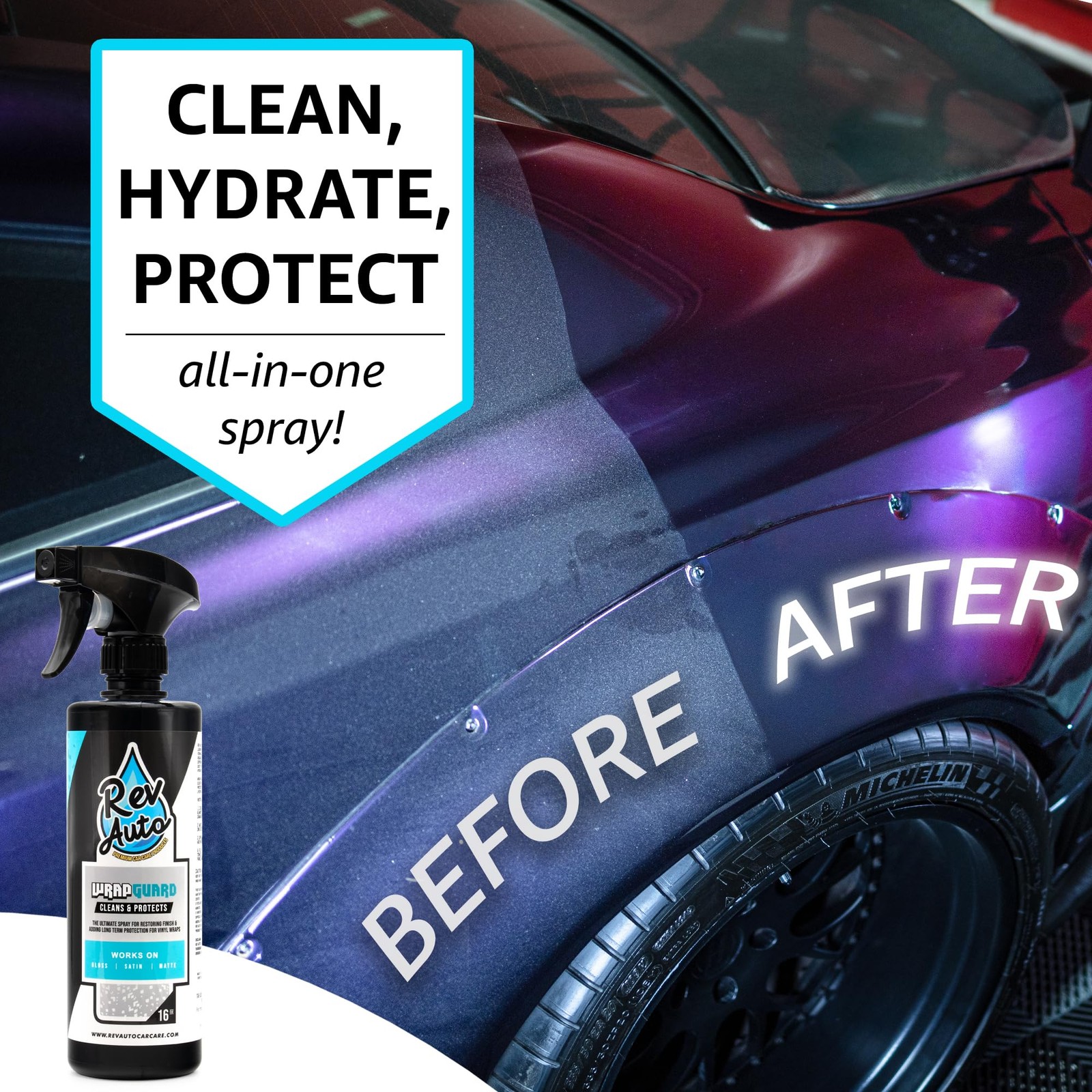 Rev Auto Wrap Guard – Cleans, Hydrates & Protects Car Vinyl 32 Fl Oz, Chrome