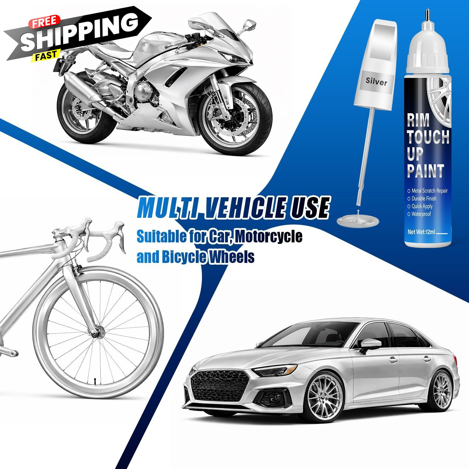 Silver Rim Touch Up Paint, 2-in-1 Brush & Tip, 0.4 Fl Oz (Pack of 1),