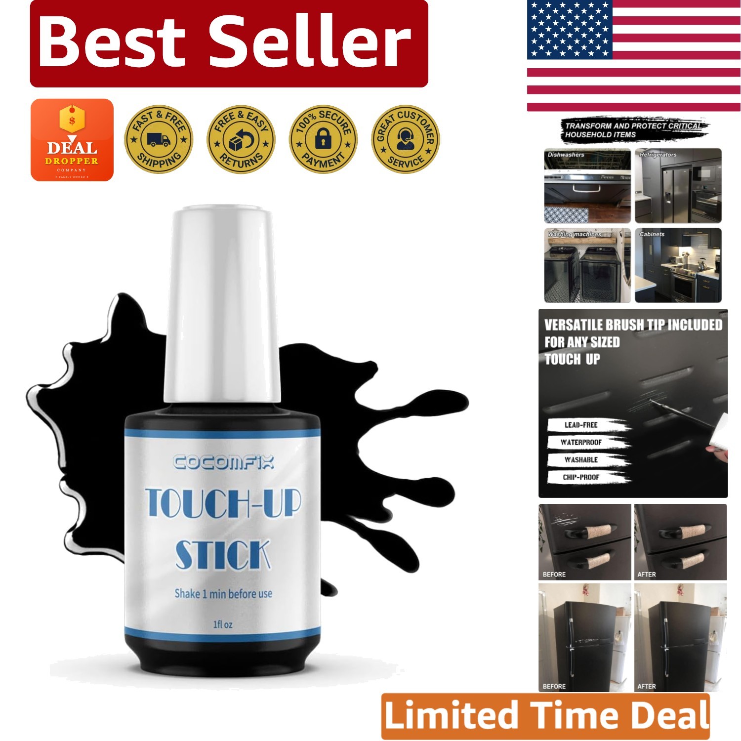 Versatile Black Enamel Touch Up Paint for All Appliances – High Gloss, 1 Fl Oz