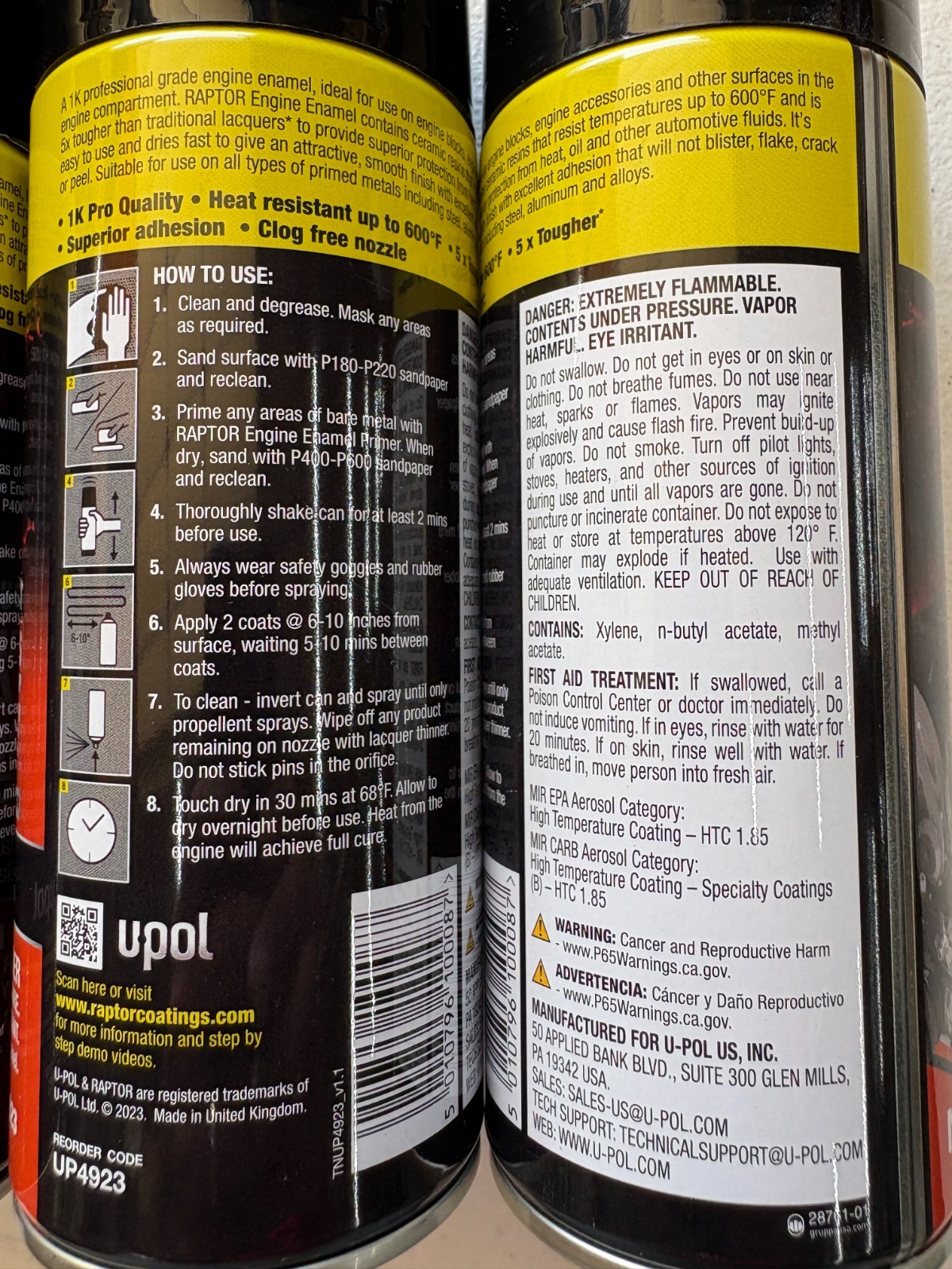 (3) UPOL RAPTOR UP4923 SATIN BLACK 1K PRO ENGINE ENAMEL 10 oz SPRAY CANS 600º