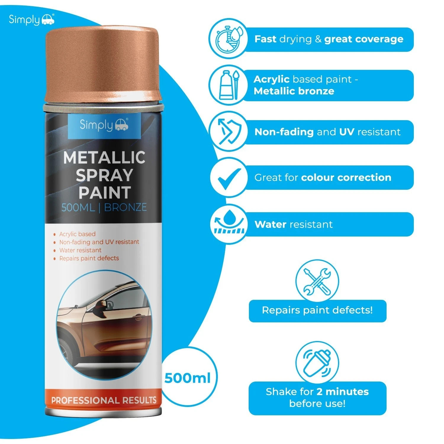 Spray Paint Metallic Bronze Simply Auto Fast-Drying Multi-Purpose 500ml