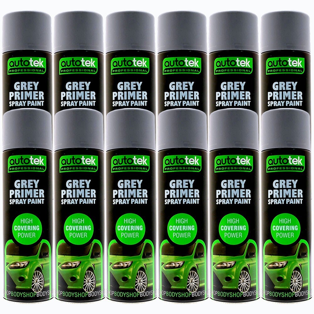 AUTOTEK GREY PRIMER Spray Aerosol Professional Fast Drying Paint 12 x 500ml+G+M