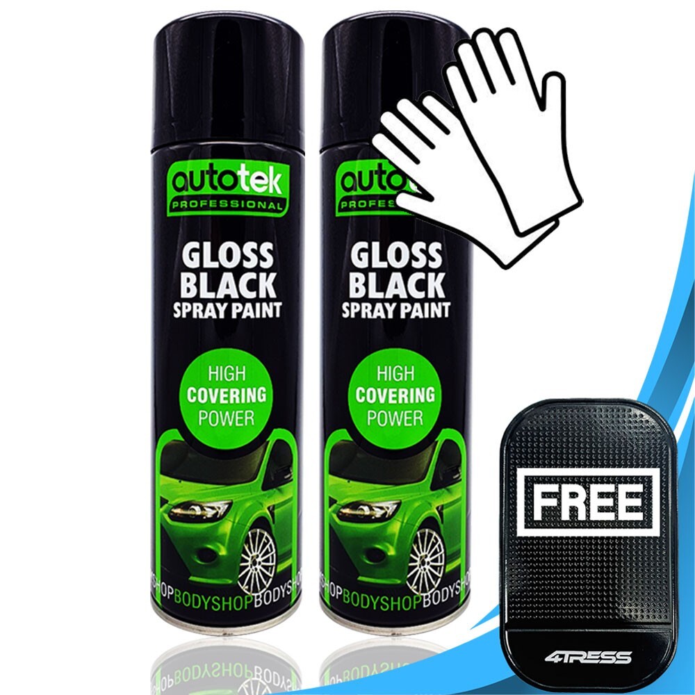 2 x 500ml AUTOTEK Professional Gloss Black Spray Paint Aerosol Can+Gloves+M