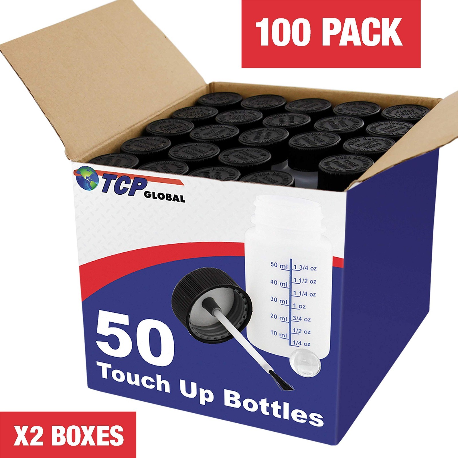 2oz Paint Touch-Up Bottles with Safety Lids – 100 Pack, Mixing Balls & Brushes f