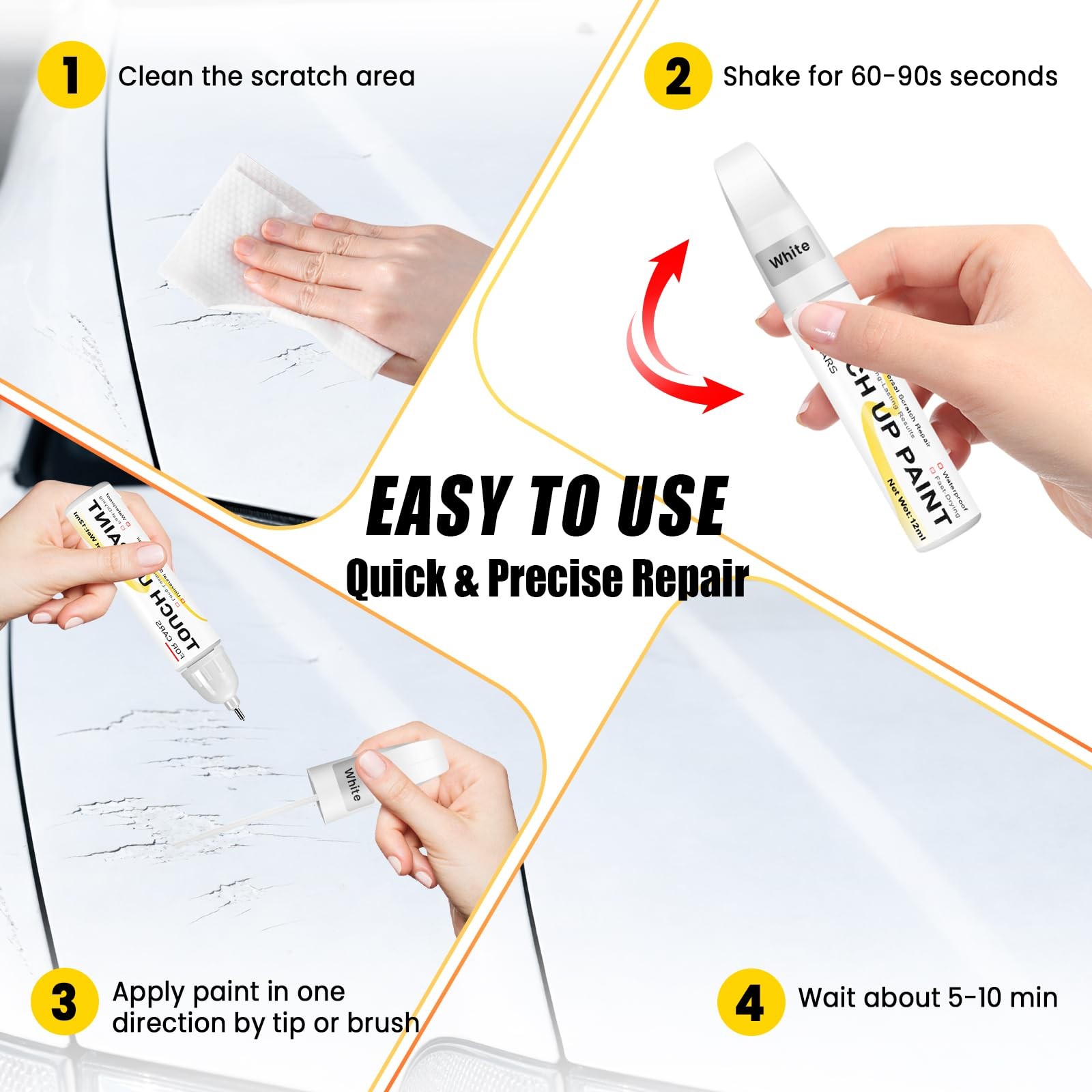 Pure White Touch Up Paint for cars, 2-in-1 Brush 0.4 Fl Oz (Pack of 1),