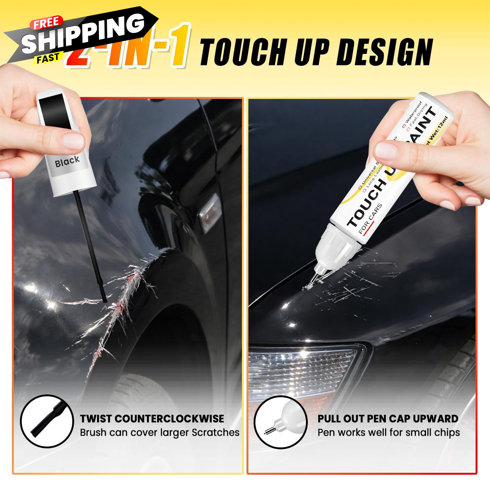 Gloss Black Touch Up Paint for cars, 2-in-1 0.4 Fl Oz (Pack of 1),