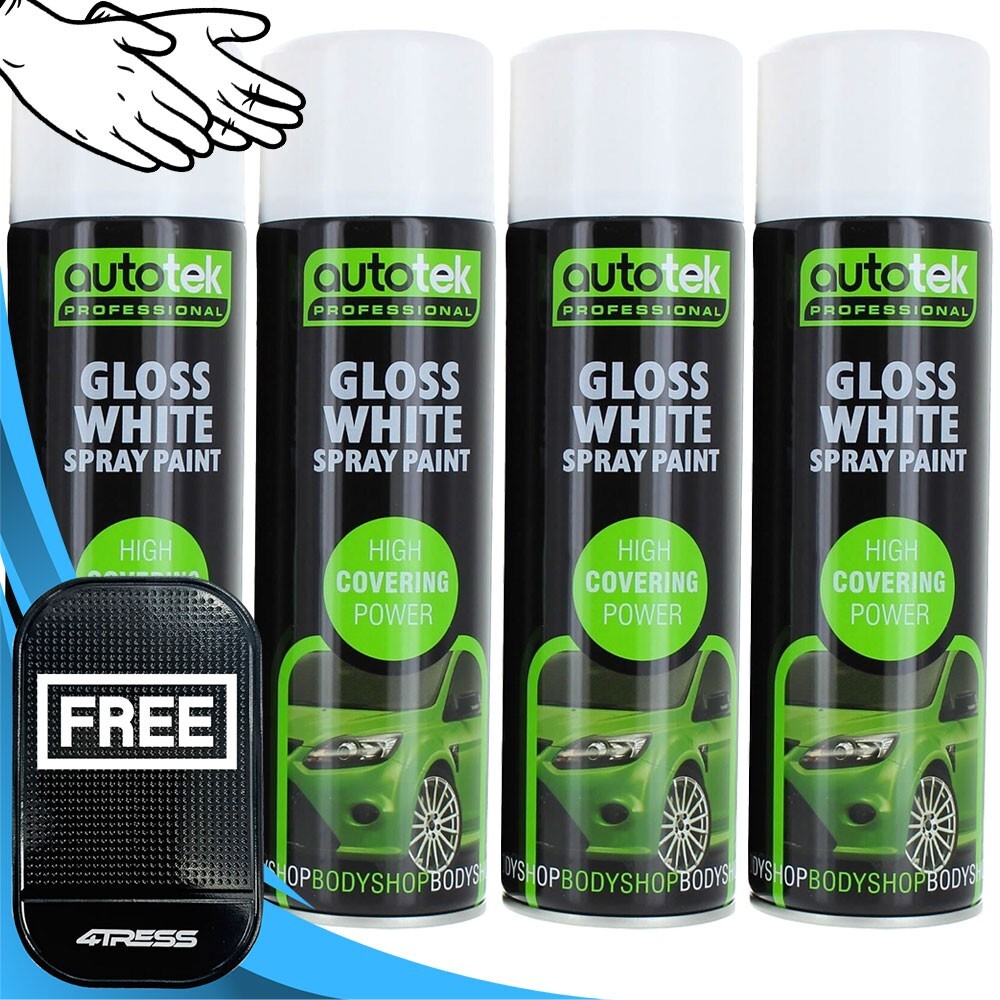 4 x 500ml Autotek Professional Gloss White Spray Paint High Covering Power+G+M