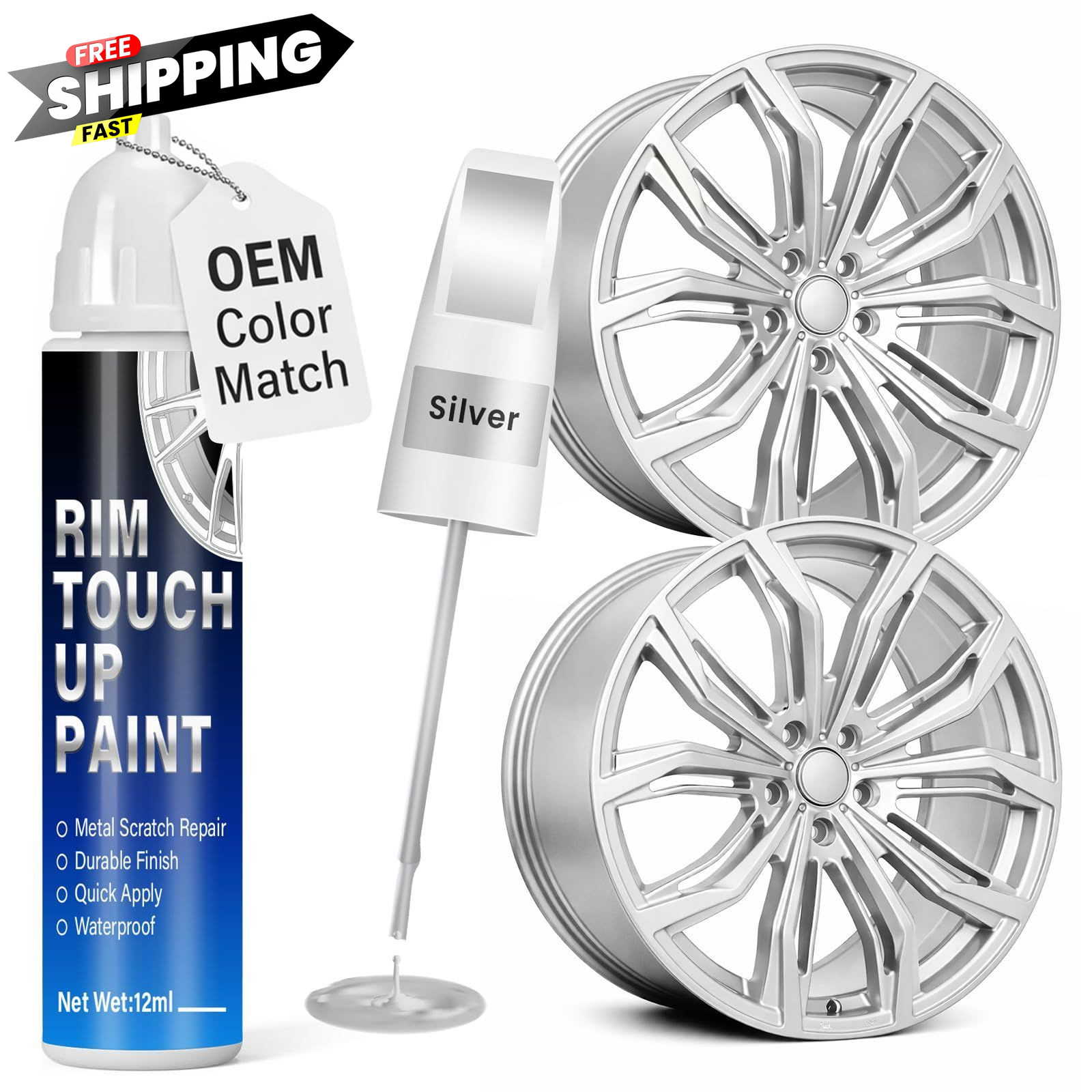 Silver Rim Touch Up Paint, 2-in-1 Brush & Tip, 0.4 Fl Oz (Pack of 1),