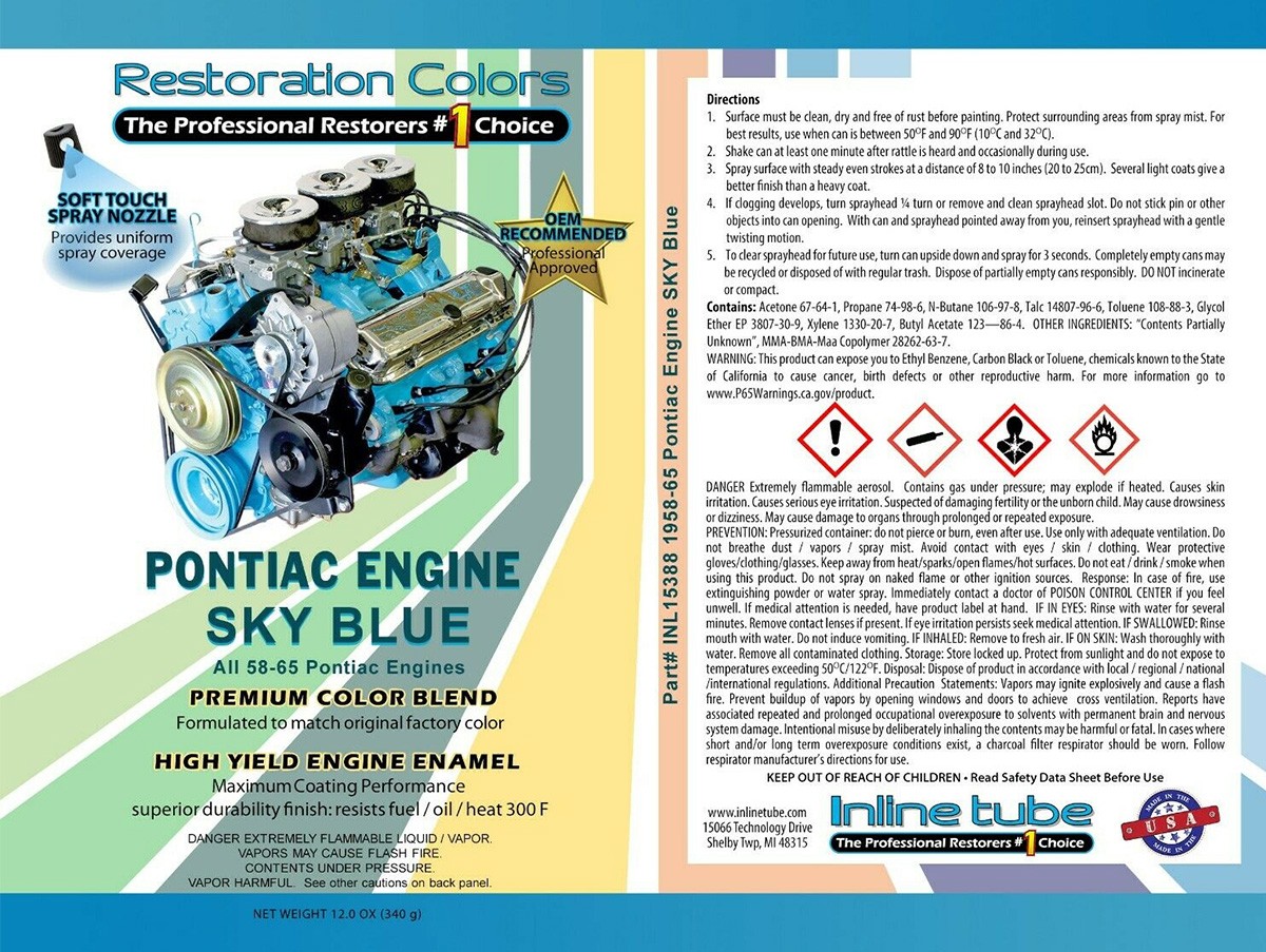 59-65 all Pontiac, GTO V8 Engine Enamel Restoration Sky Blue Spray Paint 1 can