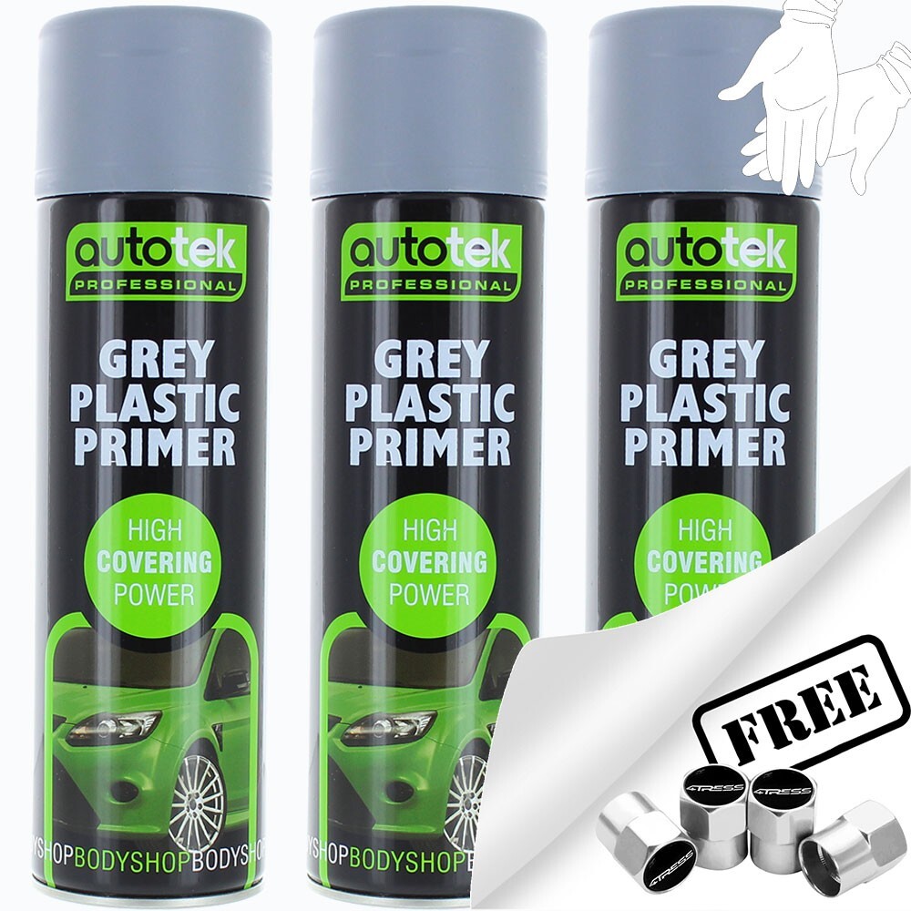 3 x Autotek GREY PLASTIC PRIMER Spray Paint Professional High Covering +G+CP