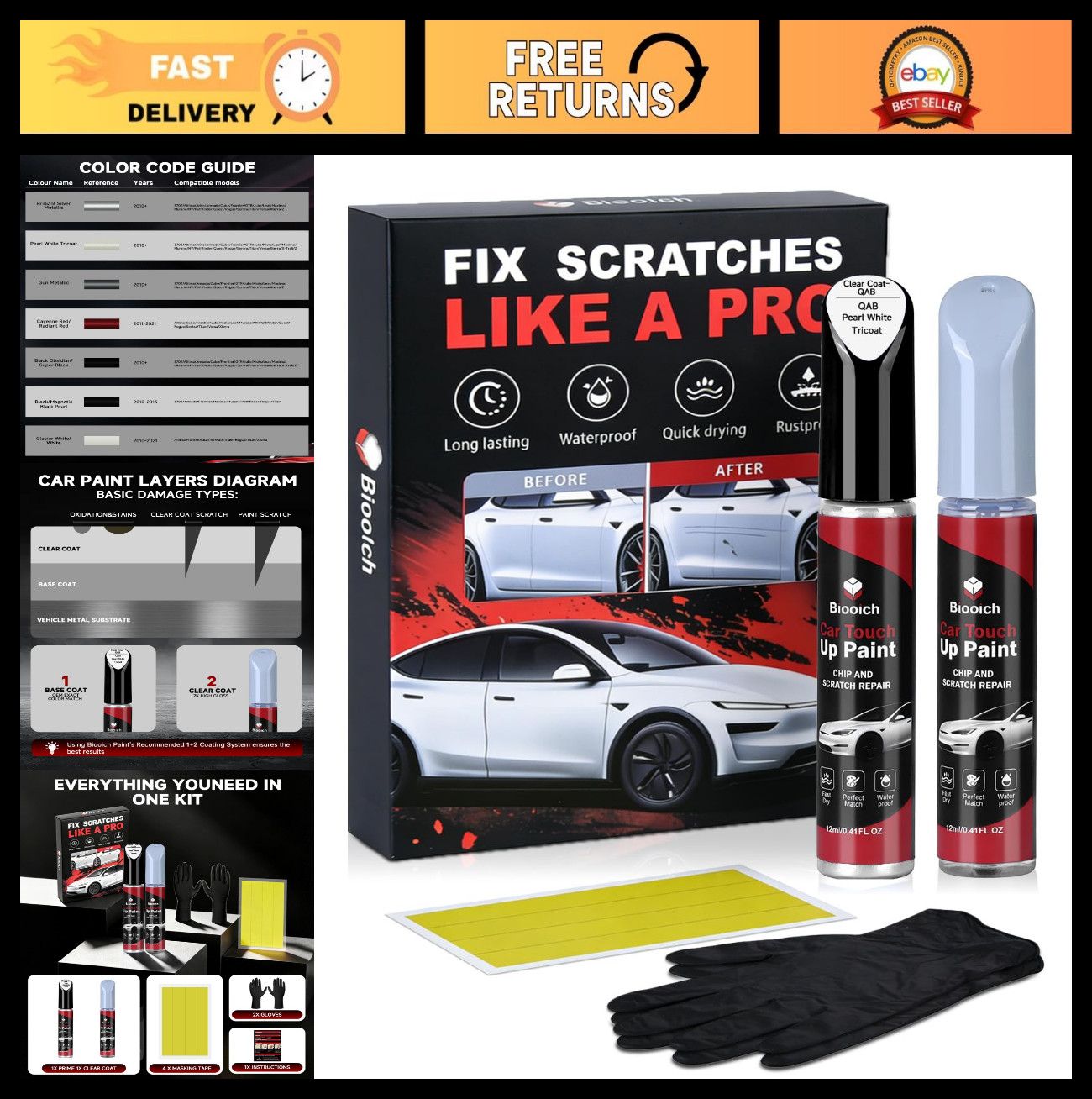 Pearl White Touch Up Paint Kit for Nissan – 2K Clear Coat, Exact Color Match, Ch